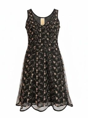 Vtg BETSEY JOHNSON Blk Gold Floral Mesh Dress Scalloped Hem S Medium Satin Trim